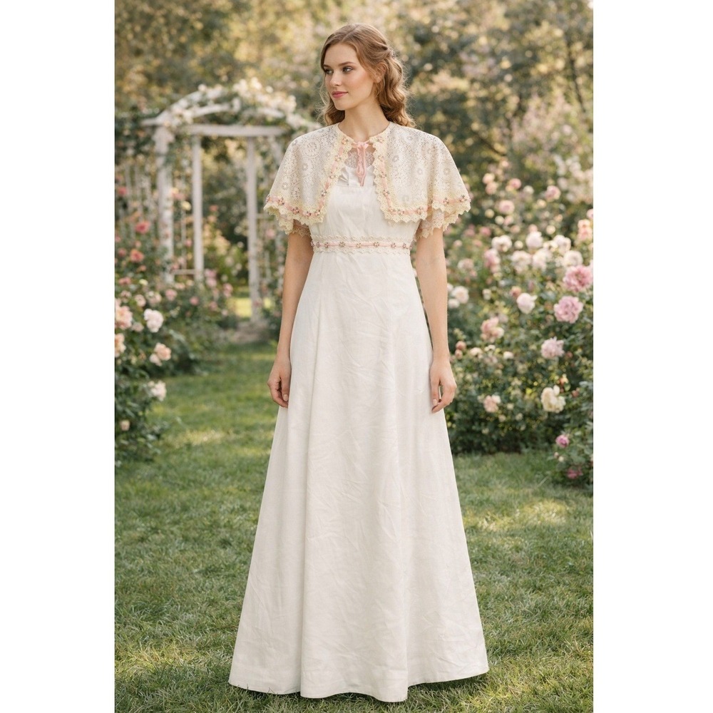 Vintage‎ Dress Womens Small 60s Style Cottage Dress Wedding Floral Lace Hippie